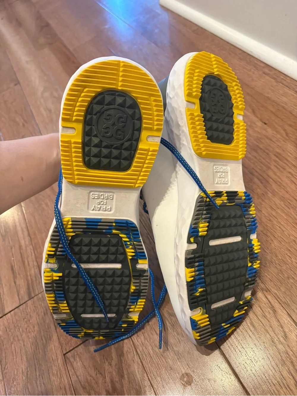 G/FORE White Sneakers with Blue Laces and Yellow Outsole Accents - Picture 2 of 5